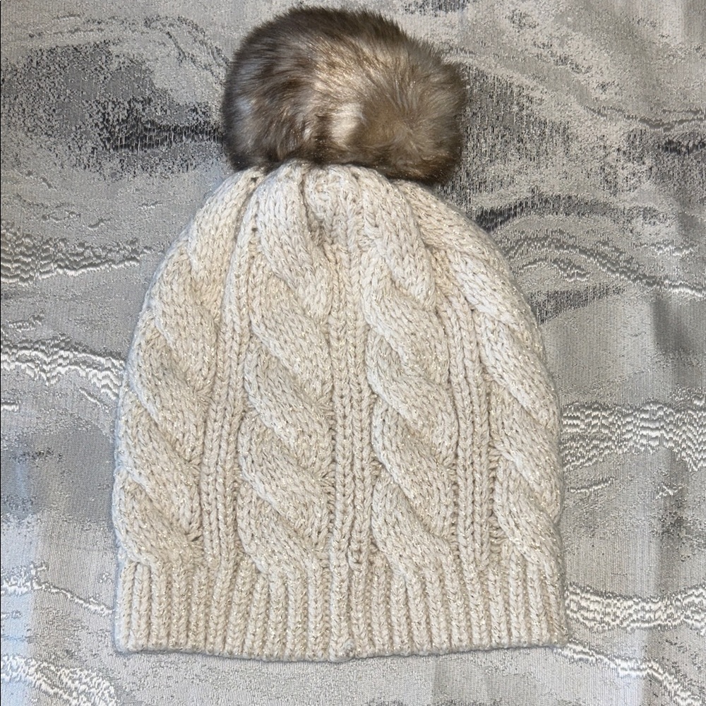 New York & Company Cream Knit Hat with Brown Pom